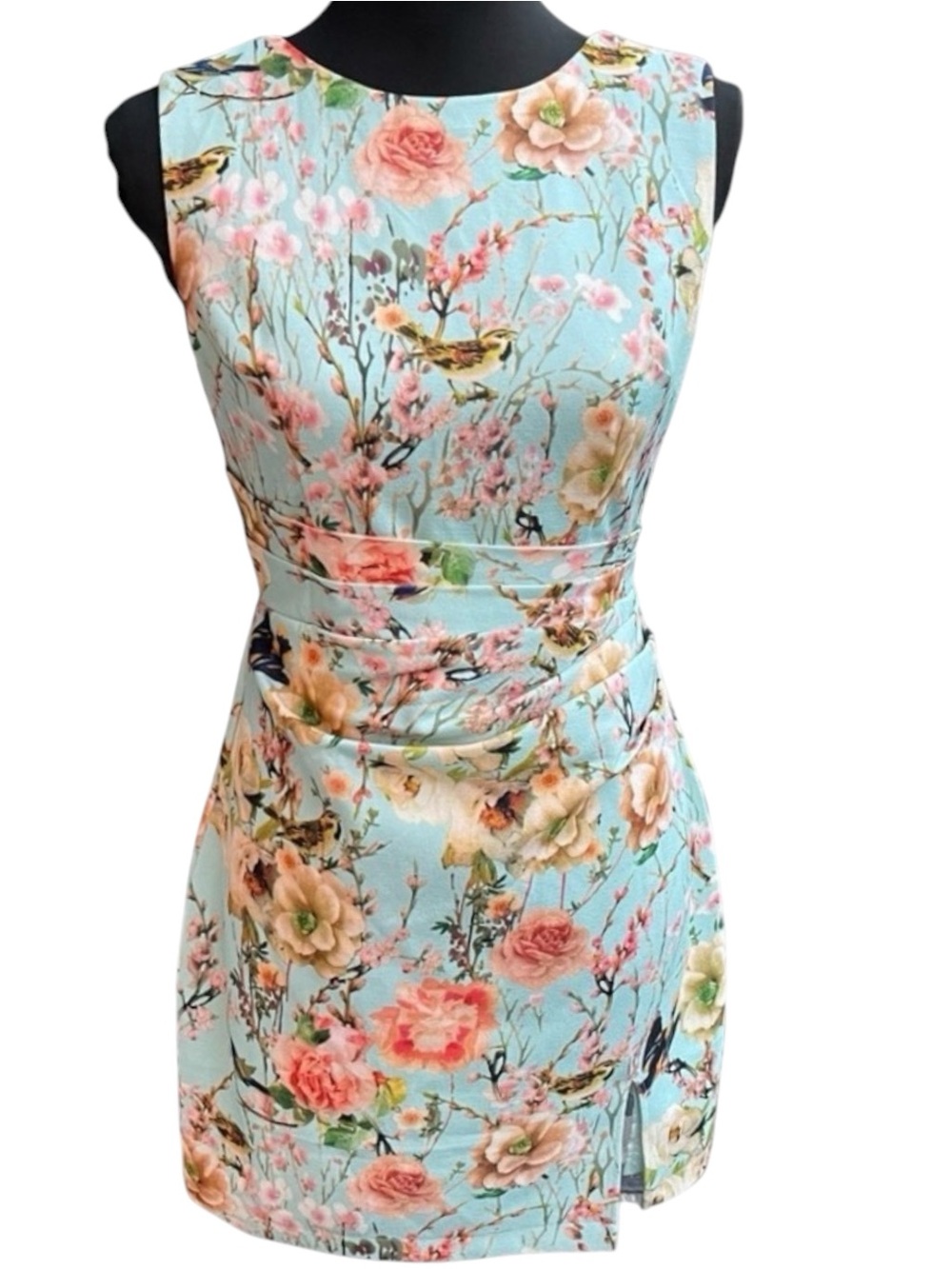 Jolie Moi Aqua Blue Floral/Bird Pattern Sleeveless Mini Dress (US 6)